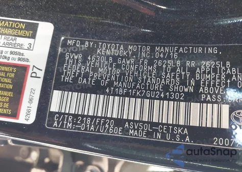 2016 Toyota Camry Se from USA, damaged, VIN 4T1BF1FK7GU241302
